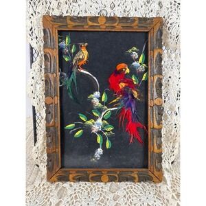 Vintage Mexican Feather Art Bird Painting | Carved Wooden Frame | Black Canvas